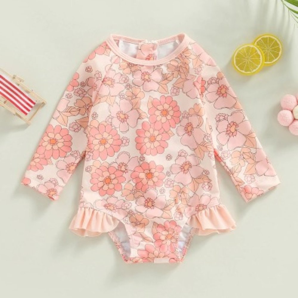 Girls Floral Long Sleeve Swimsuit Bathing Suit